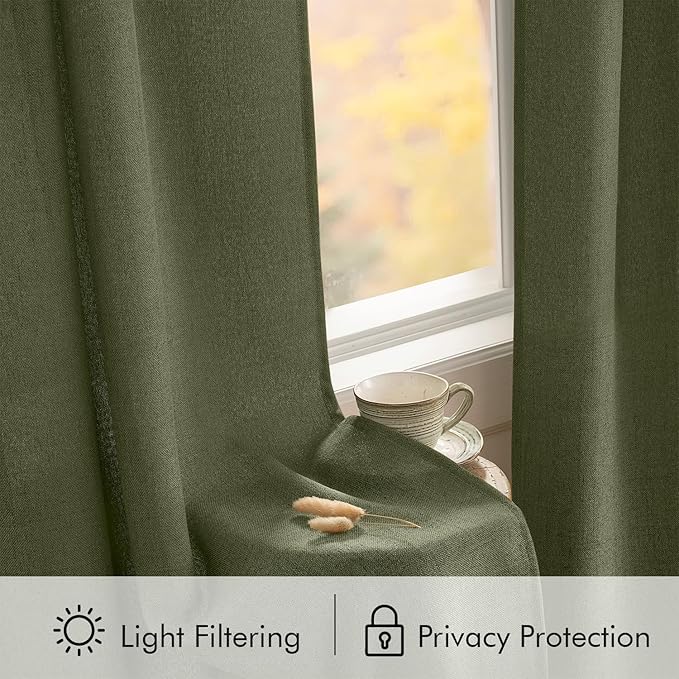 MIULEE Faux Linen Curtains 84 Inch Length 2 Panels Natural Olive Green Semi Sheer Curtain with Back Tab Rod Pocket, Light Filtering Window Privacy Burlap Drapes for Living Room Bedroom 42W x 84L