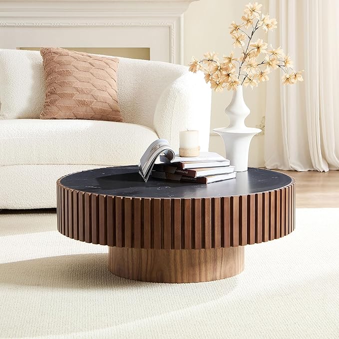 Round Coffee Table, 35.43" Circle Sintered Stone Tabletop, Modern Wood Fluted Coffee Table for Living Room Apartment, Easy Assembly (Walnut)