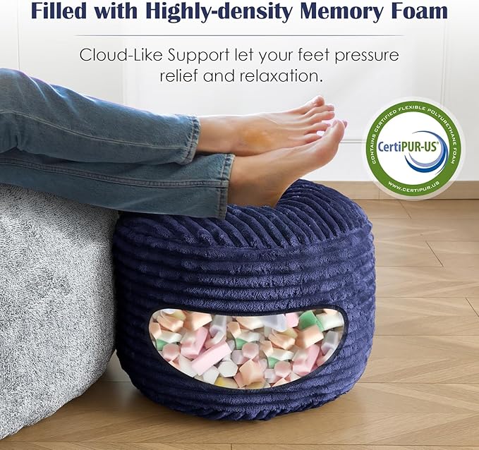 SHOUREN Stuffed Round Pouf Ottoman, Lightweight and Fluffy Poufs Storage Ottoman for Living Room,Corduroy Foot Rest with Shredded Foam Filling,Soft Floor Pouf for Couch,20"x15", Navy