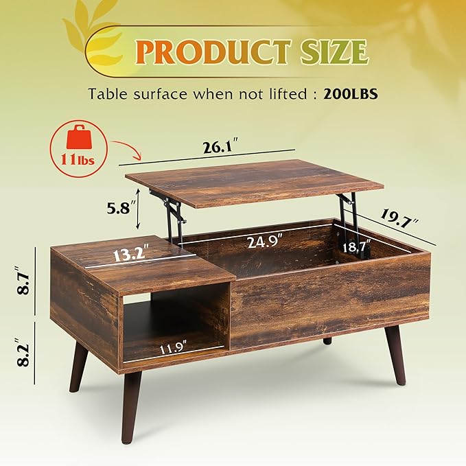 WLIVE Coffee Table with Storage & Lifting Top for Living Room, 21" Small Lift Top for Small Space Apartment, 31" Wooden Multifunctional Coffee & Dining Center Table for Home Office Work, Rustic Brown