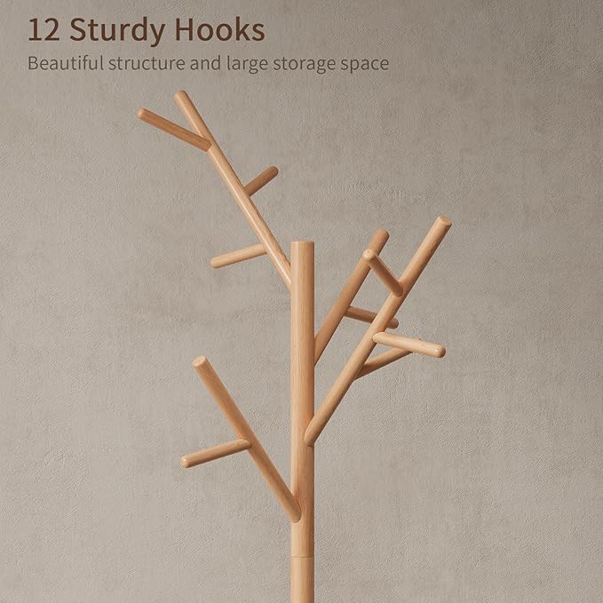 Muwuele Coat Rack,Solid Wood Coat Rack Freestanding with 12 Hooks,Coat tree freestanding 3 Adjustable Heights for coat, Hats, Handbags，Coat Stand for Entryway,Bedroom (Natural)