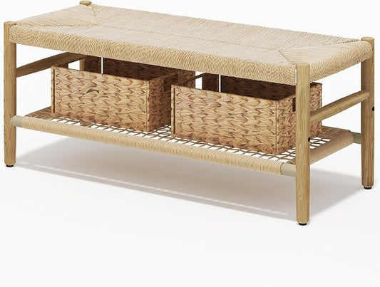 Recaceik Indoor Entryway Bench with Paper Cord Ottoman & Grid Storage Rack and 2 Baskets, Mid-Century Long Bench with Rubber Wood Legs, French Vanity End Bed Bench for Bedroom Living Room Channel