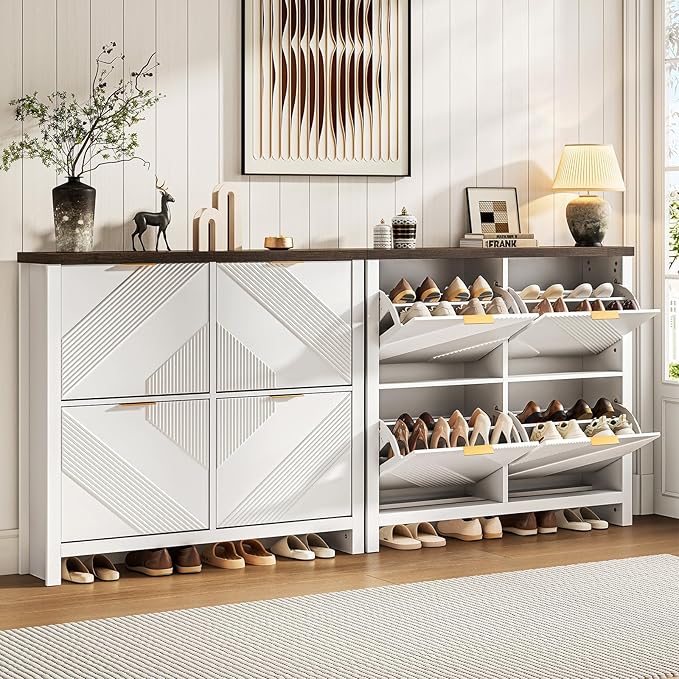 ONBRILL Shoe Cabinet with 4 Flip Drawers, 16-24 Pairs Shoe Organizer with Symmetric Groove Pattern, Freestanding Slim Hidden Shoe Storage Cabinet for Entryway, Hallway (White)