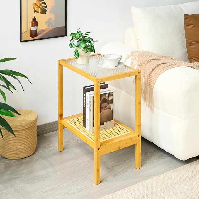 2-Tier Bamboo Side Table, Modern Glasstop Rattan Side Table, Mid Century Wood Sofa-Side End Tables for Living Room, Bedroom Night Stand with Storage, Small Narrow Coffee Tables, Burlywood