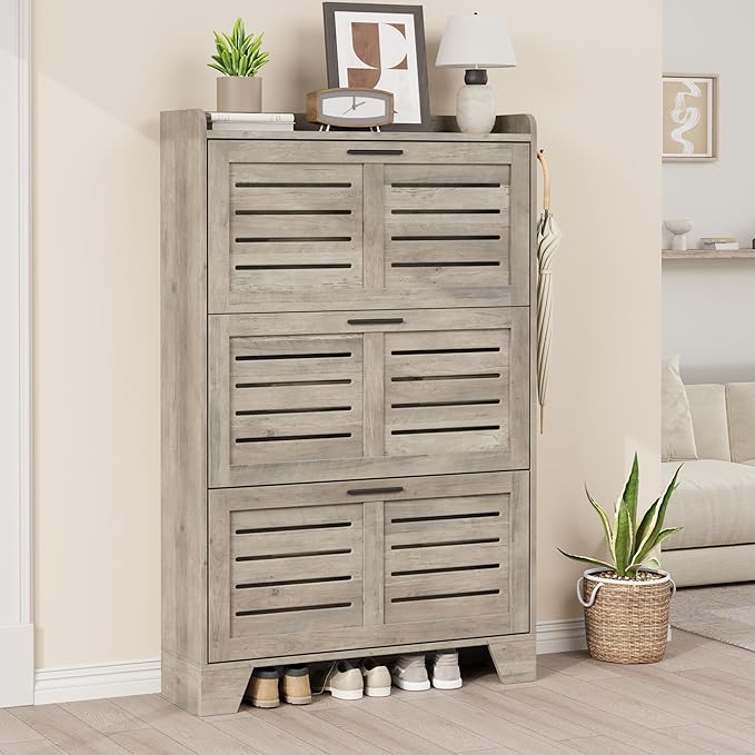 IDEALHOSUE Shoe Cabinet Storage for Entryway, Slim Shoe Storage Cabinet with 3 Flip Drawers, Freestanding Hidden Narrow Shoe Organizer Cabinet with Hooks for Entrance, Foyer, Hallway, Gray