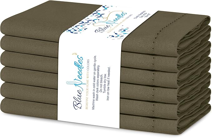 Blue Needles Set of 6 Hemstitch Linen Napkins 100% Cotton Olive Green Cloth Dinner Napkins 18x18 inches, Soft, Reusable, Absorbent, Washable, Ideal for Spring Summer Easter Parties & Everyday Use