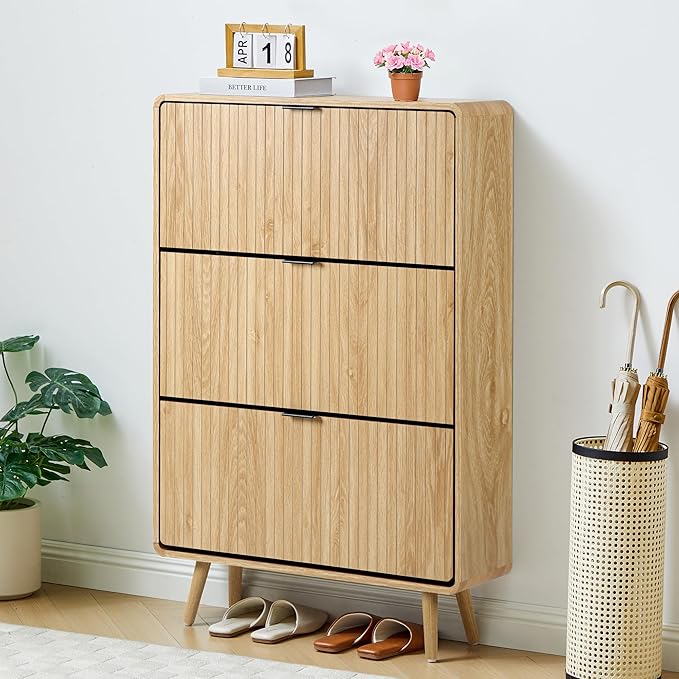 FurSch Fluted 47 Inch Tall Shoe Cabinet with 3 Flip Drawers, Narrow Hidden Shoe Storage Organizer Rack for Entryway Hallway (All Natural)