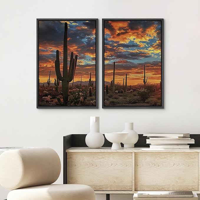 SIGNWIN Framed Wall Art Print Set Desert Sunset Cactus Landscape Photography Modern Art Rustic Relax/Calm Multicolor for Living Room, Bedroom, Office - 16"x24"x2 BLACK