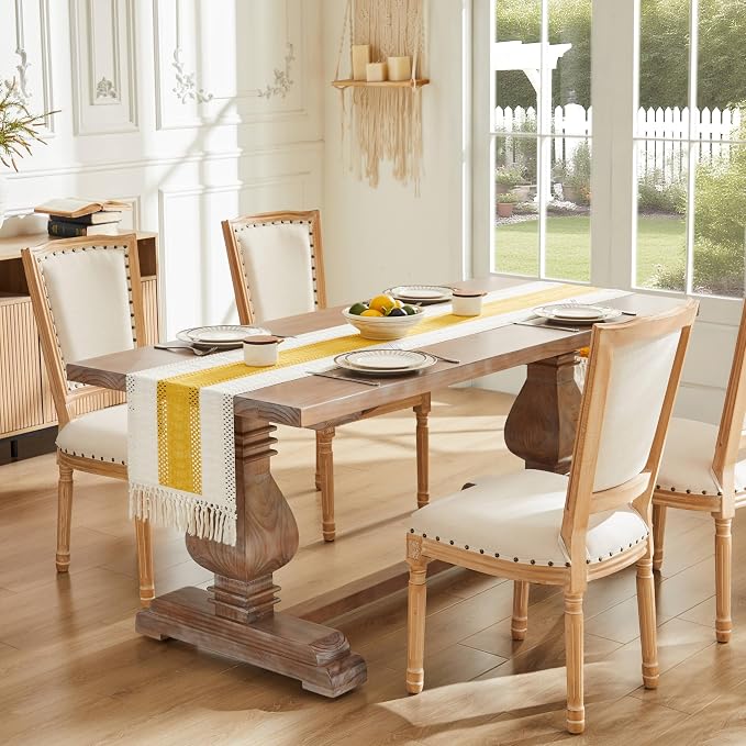 ZeeMart Macrame Style Bicolor Stitching Table Runner, 14 x 72 Inch Mustard/Ivory, Boho Yellow Table Runners 72 Inches Long, Farmhouse Woven Home Decor