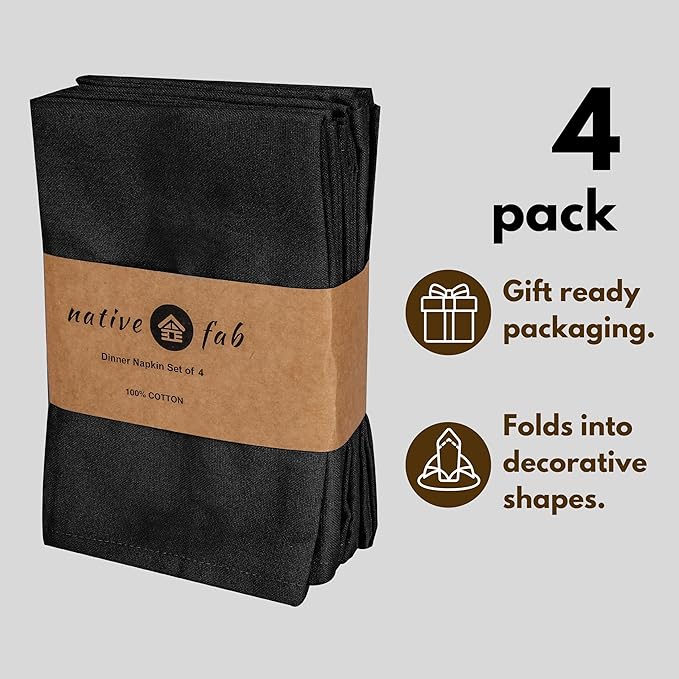 Native Fab Black Cloth Napkins, Set of 4, 17x17 inches, 100% Cotton, Washable, Reusable Fabric Linen, Table Decor Napkins for Dinner, Events, Parties, Wedding - Black