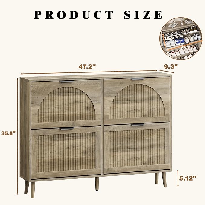 Shoe Storage Cabinet with 4 Flip Drawers, Narrow Wood Shoe Organizer Cabinet with Fluted Panel, Slim Shoe Rack for Entryway, Freestanding Shoe Cabinet for Living Room, Hallway, Grey