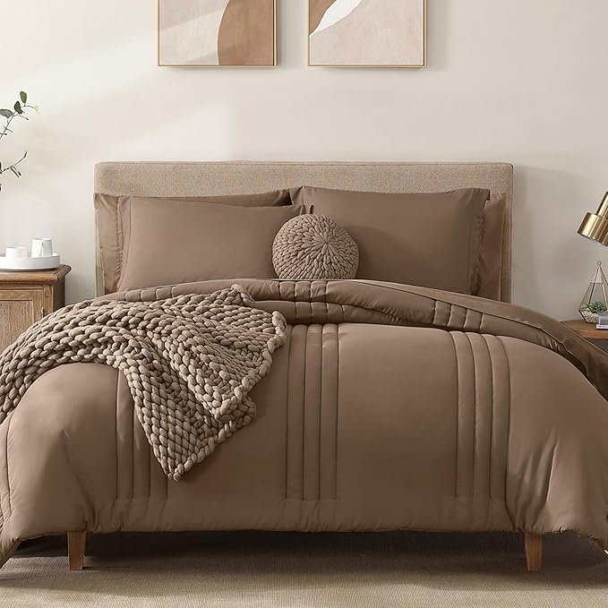 Monbix Oversized Queen Comforter Set - 7 Pieces Brown Bed in a Bag Oversized Queen Bedding Sets with Comforters, All Seasons Comforter Bed Set with Sheets, Pillowcases & Shams