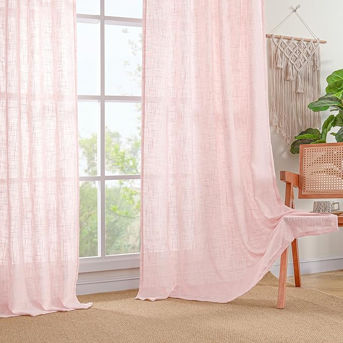 LAMIT Sheer Linen Curtains 63 Inch for Girls Bedroom, Light Filtering Neutral Semi Sheer Farmhouse Boho Curtains Back Tab and Rod Pocket Living Room Panels, Pink, 2 Panels, 52 x 63 Inch
