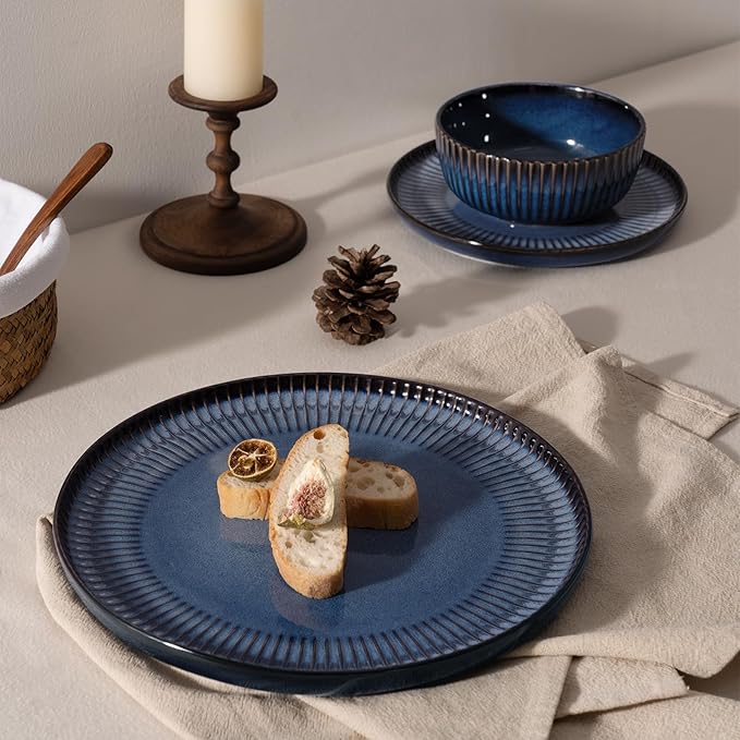 Famiware Starlight 12-Piece Plates and Bowls Sets for 4, Stoneware Dinnerware with Ribbed Textured, Handcrafted Reactive Glaze Dishes - Dishwasher & Microwave Safe, Chip/Scratch Resistant, Starry Blue