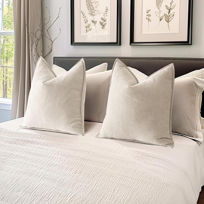 MIULEE Pack of 2 Cream Beige Decorative Pillow Covers 22x22 Inch Soft Chenille Couch Throw Pillows Farmhouse Cushion Covers Euro Shams with Elegant Design for Sofa Bedroom Living Room Spring Decor