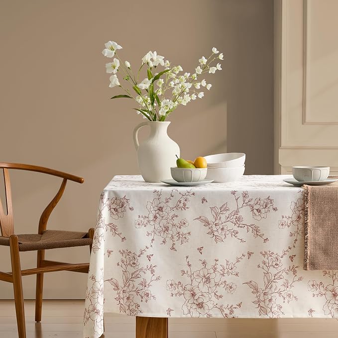 French Linen Rectangle Tablecloth Floral Table Cloth with Brown Flowers Pattern Burlap Textured Farmhouse Vintage Rustic Outdoor Table Cover for Picnic,Dining,Party,Home Decor 55x84 Inch