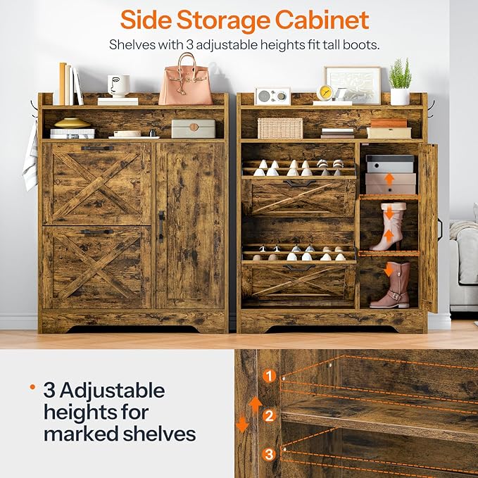 HOOBRO Slim Shoe Cabinet with 2 Flip Drawers & Side Storage, Narrow Shoe Storage Cabinet for Entryway, Wooden Shoe Organizer for Small Spaces, Adjustable Shelves, Rustic Brown FG90SC01US