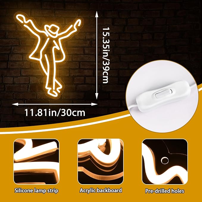 Dance ‌Neon Sign for Wall Decor Dance Michael Neon Light for Man Cave MJ LED Light Up Sign for Bar Party Game room Bedroom Dance Studio Cafe Club Birthday Gifts Art Size15.3 * 11.8In(TWD268)