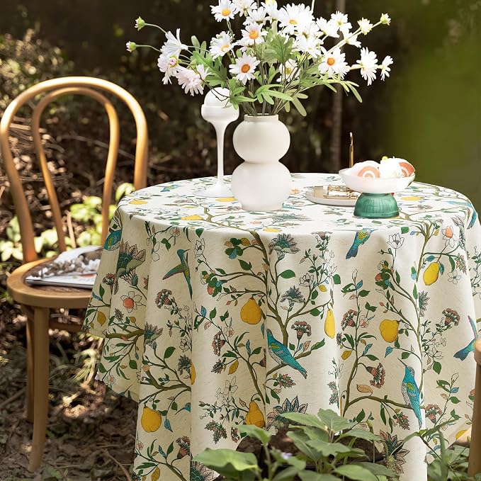 Vintage Colorful Floral Square Tablecloth: Linen Printed Farmhouse Table Cloth - Whimsical Plant Lemon Bird Patterned on Cream Burlap Textured Outdoor Table Cover for Home Decor, 55x55 Inch