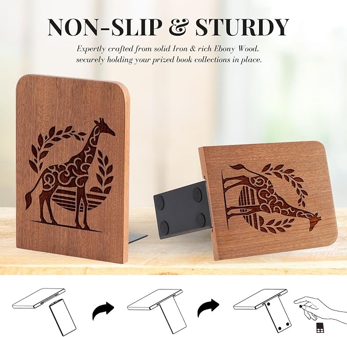 INNObeta Decorative Wooden Book Ends, Animal Bookends, Heavy Duty Bookends for Shelves Unique Design(1 Pair, 4.72x6.69 Inches) - Giraffe