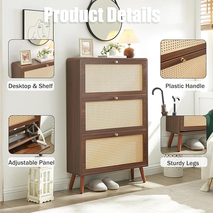 Rattan Shoe Cabinet with 3 Flip Drawers, 24-Pair Hidden Narrow Organizer with Rounded Corners & Adjustable Shelf, Farmhouse Freestanding Wood Storage for Entryway Hallway, Walnut
