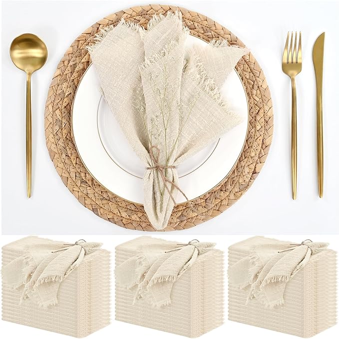 60 Pack Cotton Linen Napkins 16 x 16 Inch Linen Napkins Cloth Handmade with Fringe Soft Cloth Napkins Washable Rustic Dinner Napkins Cloth for Wedding Party Dinner Table(Natural)
