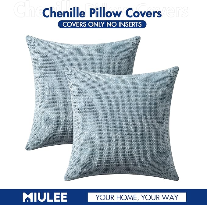 MIULEE Pack of 2 Coastal Blue Euro Sham Pillow Covers 24x24 Inch Summer Modern Boho Accent Decorative Throw Pillow Covers Chenille Farmhouse Cushion Covers for Home Decor Couch Bed Sofa Living Room