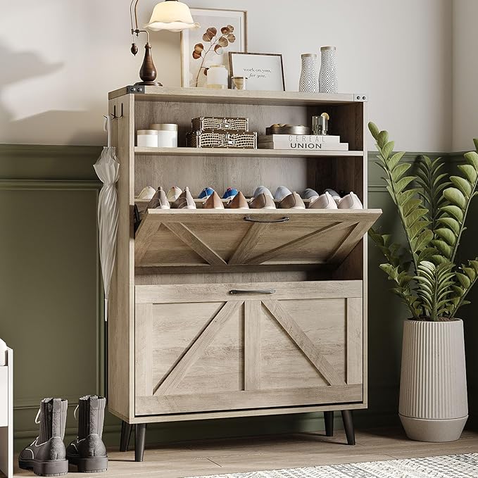 Halitaa Shoe Cabinet with 2 Flip Drawers & Open Storage,Farmhouse Shoe Storage Cabinet for Entryway,Freestanding Narrow Organizer Rack with Legs,Foyer,Hallway,Grey