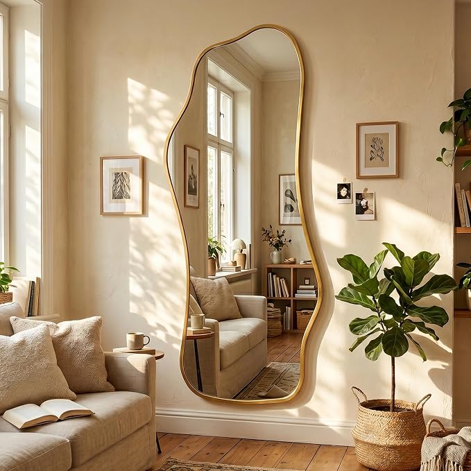 Mirror Full Length - Irregular Full Body Mirror Standing or Leaning or Wall Hanging 62.2"x 22.8" Asymmetrical Aviation Aluminum Alloy Frame Unique for Bedroom, Living Room, Cloakroom, Entryway