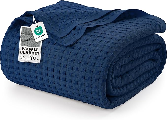 Utopia Bedding 100% Cotton Waffle Weave Blanket Big Size for Bed - Lightweight, Breathable Summer Blankets Soft and Cozy, Gifts for Women Home Room Decor (Navy, 120x120 Inch)