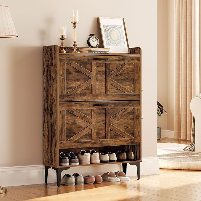 MAHANCRIS Shoe Storage Cabinet, Shoe Organizer with 2 Flip Drawers, Hidden Shoe Storage for Entryway, Freestanding Organizer with Open Storages, Rustic Brown SHHR9401N1