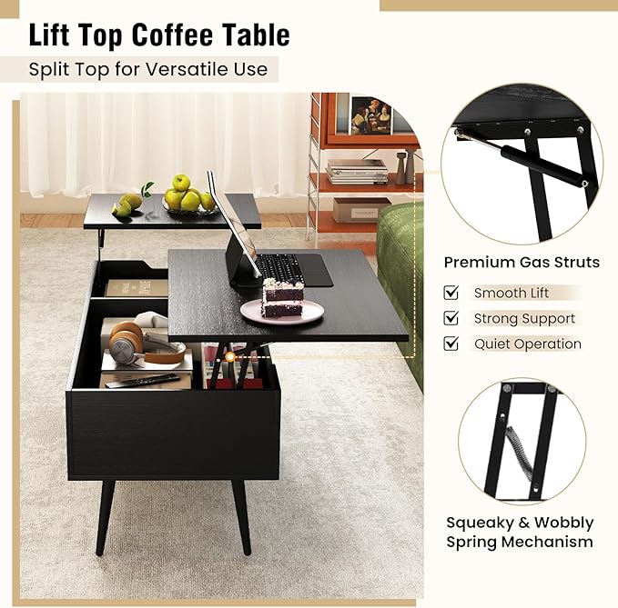 Tangkula Lift Top Coffee Table, Mid Century Modern Center Table with Split Top & 2 Hidden Compartments, Rectangle Accent Table with Tapered Metal Legs for Living Room (Black)
