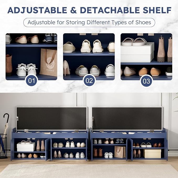 47.2" Storage Bench - Entryway Shoe Bench with 4 Doors and Top Storage Area, Multifunctional Entryway Bench with Lift Top Cushion, Shoe Storage Bench for Bedroom, Living Room, Navy Blue