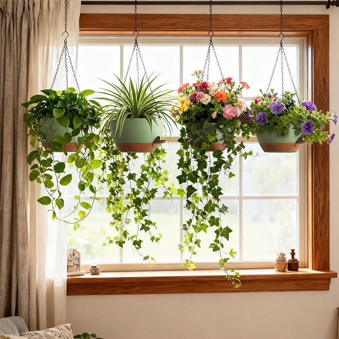 UOUZ 4 Pack 8 Inch Self Watering Hanging Planters for Indoor Outdoor Plants，Hanging Pots for Plants with Drainage Removable Tray, Hanging Baskets Flower Pots for Pothos Spider Garden Green with Brown
