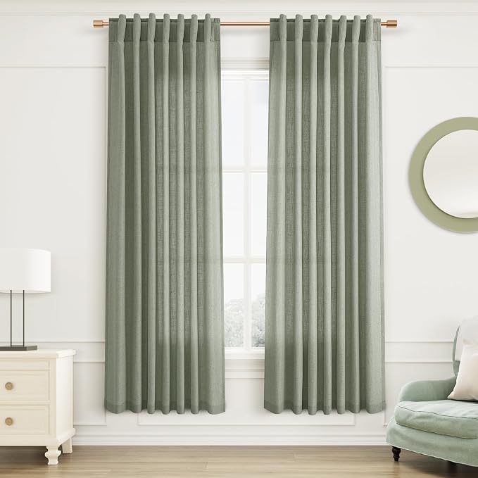 Joywell Sage Green Linen Curtains 72 Inch Length Light Reducing Privacy Hook Belt Rod Pocket Back Tab Drapes Set of 2 Pinch Pleated Aesthetic Boho Sheer Window Curtains 52x72 Inches Long