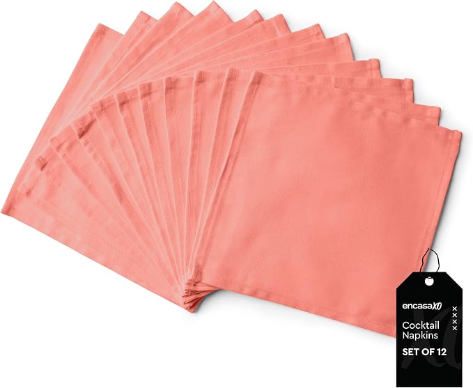 Encasa XO Cocktail Cloth Napkins Set of 12 | Pure Cotton Table Napkin | Size (9"x9") | Coral Solid | Machine Washable