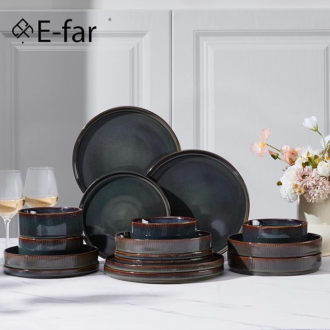 E-far 16 Piece Dinnerware Sets, Plates and Bowls with Pasta Bowls Service for 4, Modern Stoneware Ribbed Dishes for Kitchen Dining, Microwave & Dishwasher Safe, Blackish Green