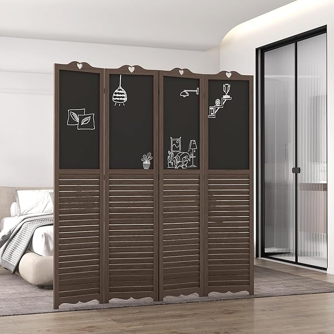 HOMCOM 4-Panel Folding Room Divider with Blackboard, 5.5 Ft Tall Freestanding Privacy Screen Panels for Bedroom or Office, Walnut Brown