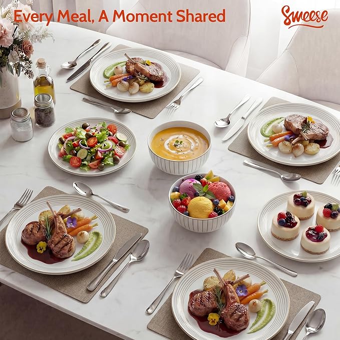 Sweese Lightweight Dinnerware Sets, Plates and Bowls Set for 6, 18 Pieces Stripe Dishes - Chip and Scratch Resistant, Microwave and Dishwasher Safe Porcelain Dinner Sets, Gray