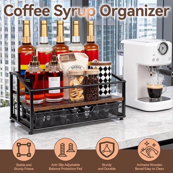 kimilus Coffee Syrup Rack Organizer, 3-Tier 10 Bottle Syrup Rack with 35 K Cup Darwer for Coffee Bar, Countertop Bottle Holder Stand for Dressing for Kitchen Cafe Station