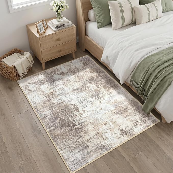 IOHOUZE Abstract Area Rug 4x5 Ft Washable Rugs for Entryway Indoor, Non Slip Small Living Room Rugs Printed Faux Wool Throw Rug, Floor Carpet for Kitchen Nursery Playroom, Beige Brown