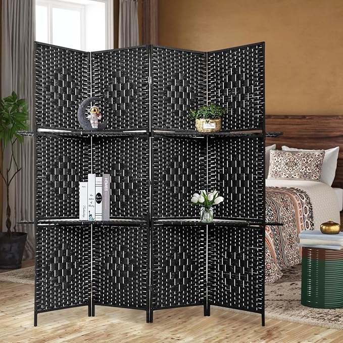 Room Divider 4 Panel Room Screen Divider Wooden Screen Folding Portable Partition Screens Wood with Removable Storage Shelves Color, Black