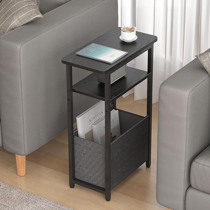 sthmec Narrow Side Table Set of 2, Skinny End Tables with Fabric Basket, Small Side Tables for Small Space,2-Tier Open Shelves with Basket, Slim Nightstands Set 2 for Bedroom,Livinroom,Office, Black