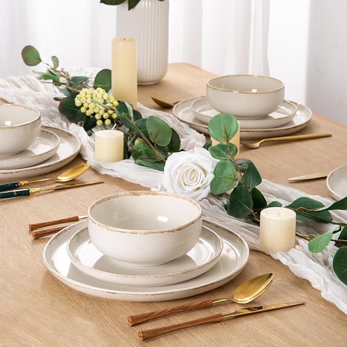 AmorArc Ceramic Dinnerware Sets, Wavy Rim Stoneware Plates and Bowls Sets, Highly Scratch Resistant | Dishwasher & Microwave Dishes set, Service for 4 (12pc)-Speckled Cappuccino)