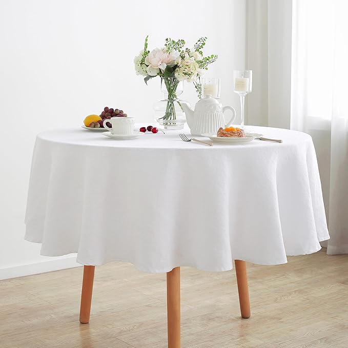 Linen World Linen Tablecloth,100% French Linen Round Tablecloth 60" Inch,Washable White Tablecloth for Dining,Outdoor,Weddings and Restaurants,Decorative Thanksgiving Christmas