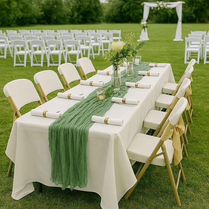 12 Pack Sage Green Cheesecloth Table Runners – 10FT Rustic Gauze Bulk Set for Wedding Reception, Woodland Baby Shower, Garden Party, or Boho Spring Event Decor