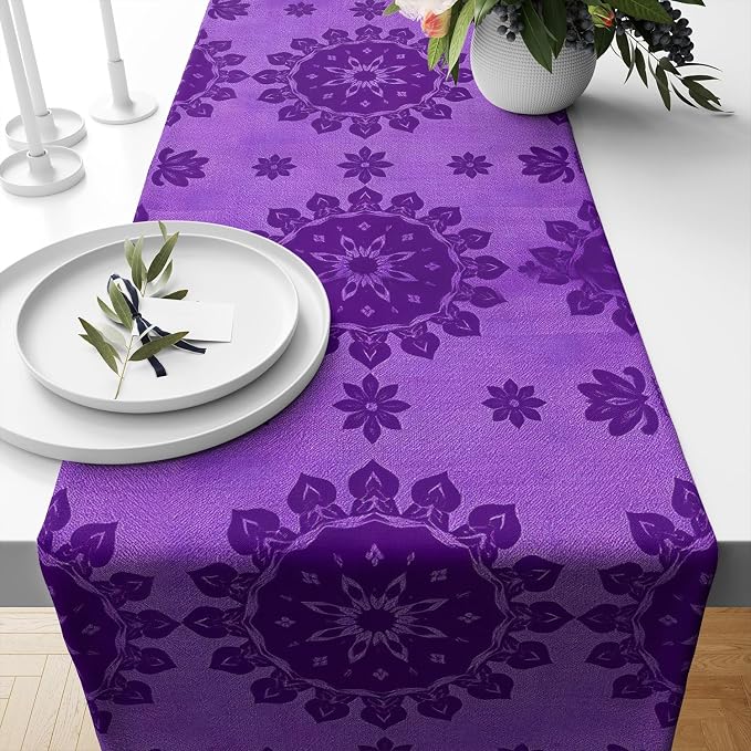 YCness Abstract Flower Mandela Table Runner, Watercolor Purple Geometric Modern Vintage Art Table Runner Table Cloth for Wedding Party Holiday Home Decor, 13x120 Inch