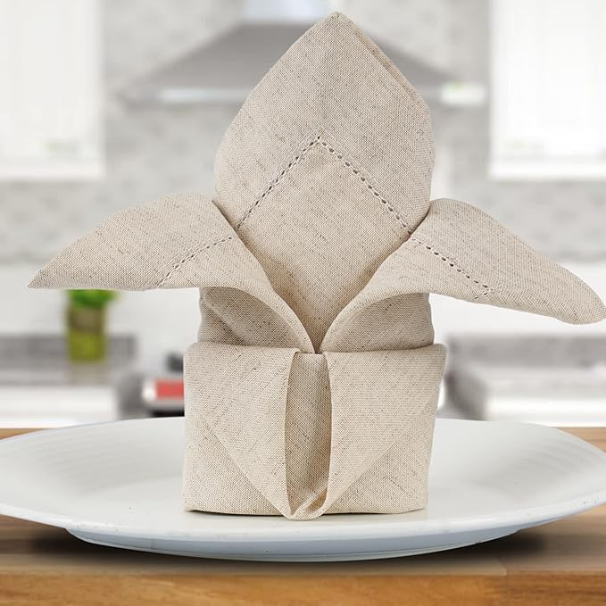 SweetNeedle - (Pack of 12) - Linen Flax Napkins with Hemstitched Handmade Designer Dinner Cloth Napkins 20x20 in in Natural - Premium Look, Flax Cotton Blend - 100% Cellulose Natural Fiber