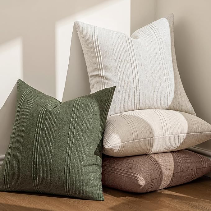 MIULEE Striped Euro Sham Pillow Covers 24x24 Decorative Textured Throw Pillow Covers Pack of 2 Linen Cushion Cases for Couch Bed Sofa Livingroom Farmhouse Home Decor, Natural Beige