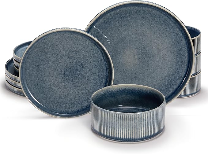 Ceramic Dinnerware Set, by Vase and Vessel, 12-Piece Service for 4, 9.8” Dinner Plates, 8” Salad Plates, 20 oz Bowls, Ombre Reactive Glaze, Durable Stoneware, Microwave & Dishwasher (Denim)